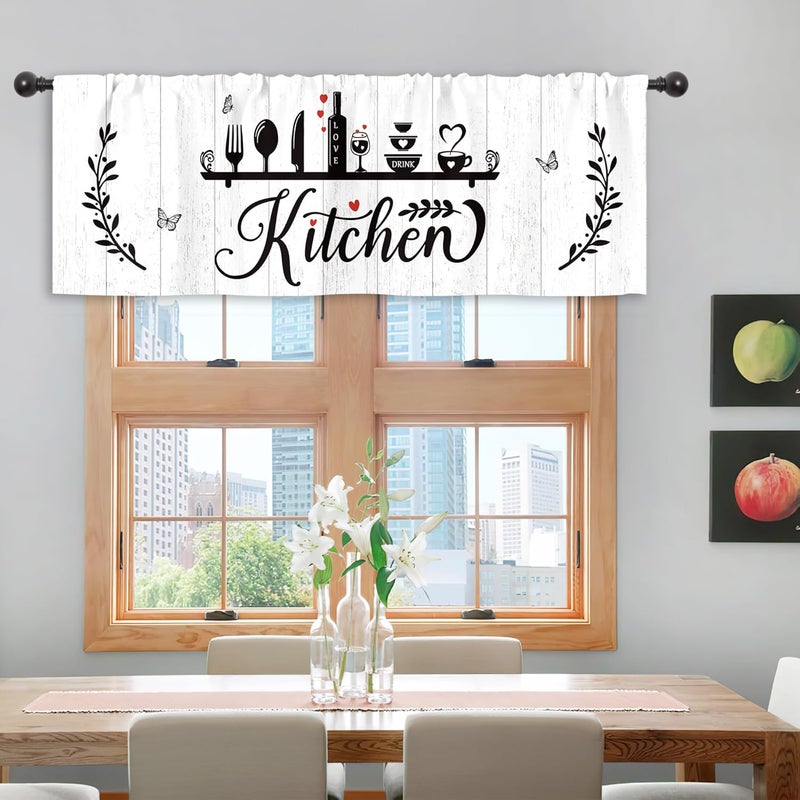 Riyidecor Black White Rustic Kitchen Curtains and Valances 3 Piece Set Rod Pocket 36 Inch Short Fork Spoon Wine Herbs Farmhouse Country Wooden Board Butterfly Bedroom Living Room Treatment Fabric - Image 4